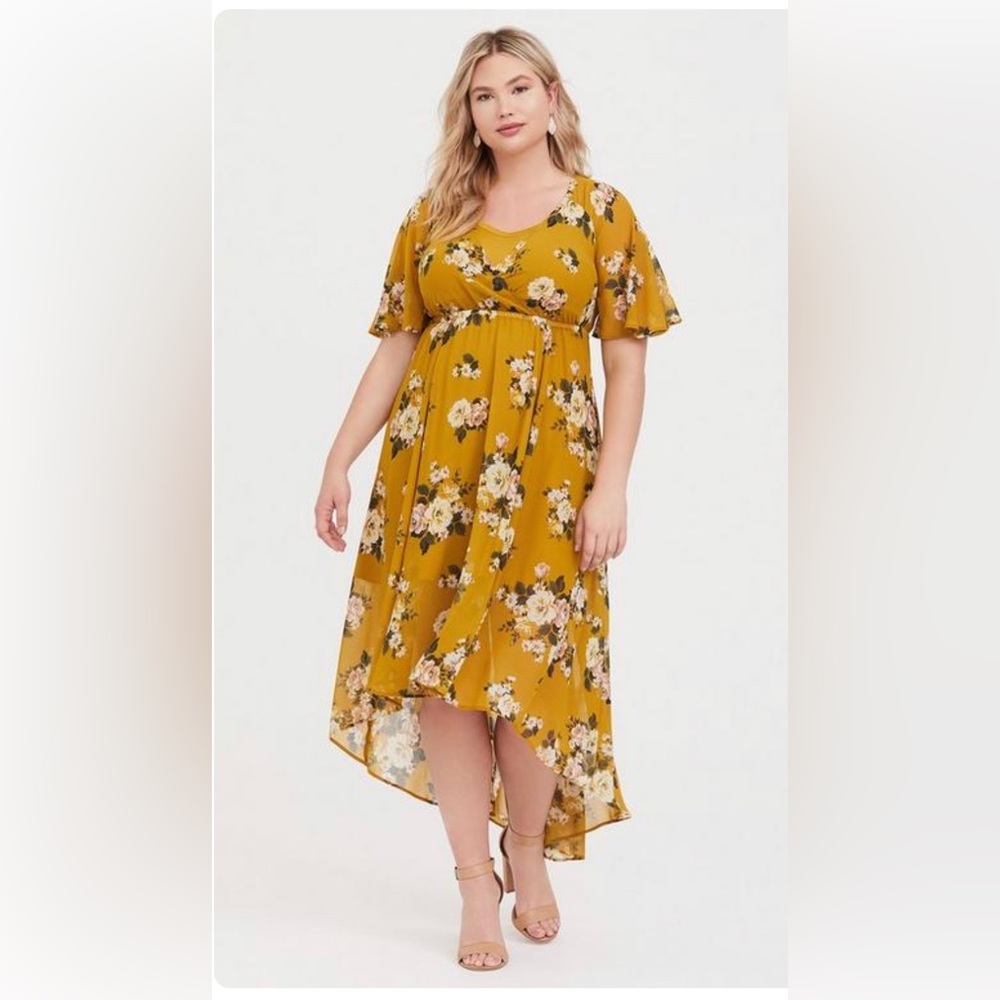 Torrid Mustard Yellow Floral Hi-Low Maxi Dress.